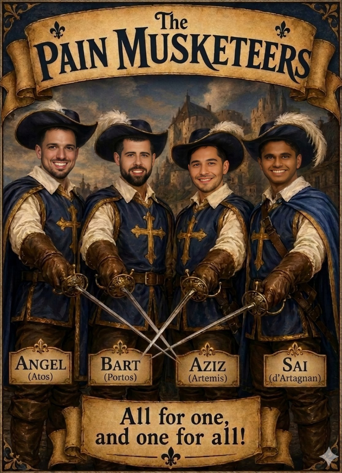 The Pain Musketeers poster with corrected faces